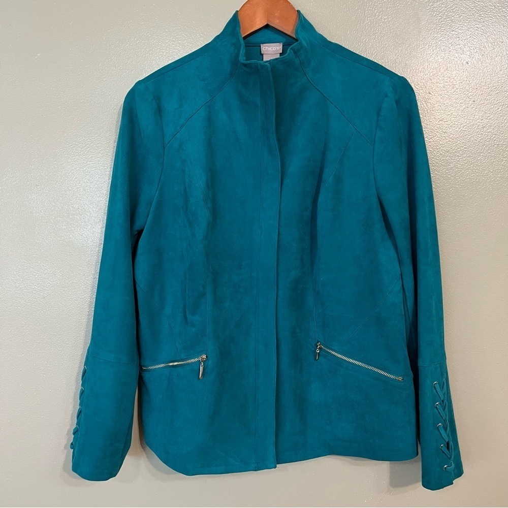Chicos Womens Blue Full Zip Velour Jacket Fall Size 1/M